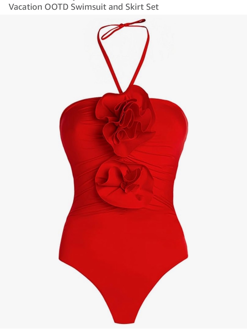 Women's Red Halter One-Piece Swimsuit with Front Ruffle Detail